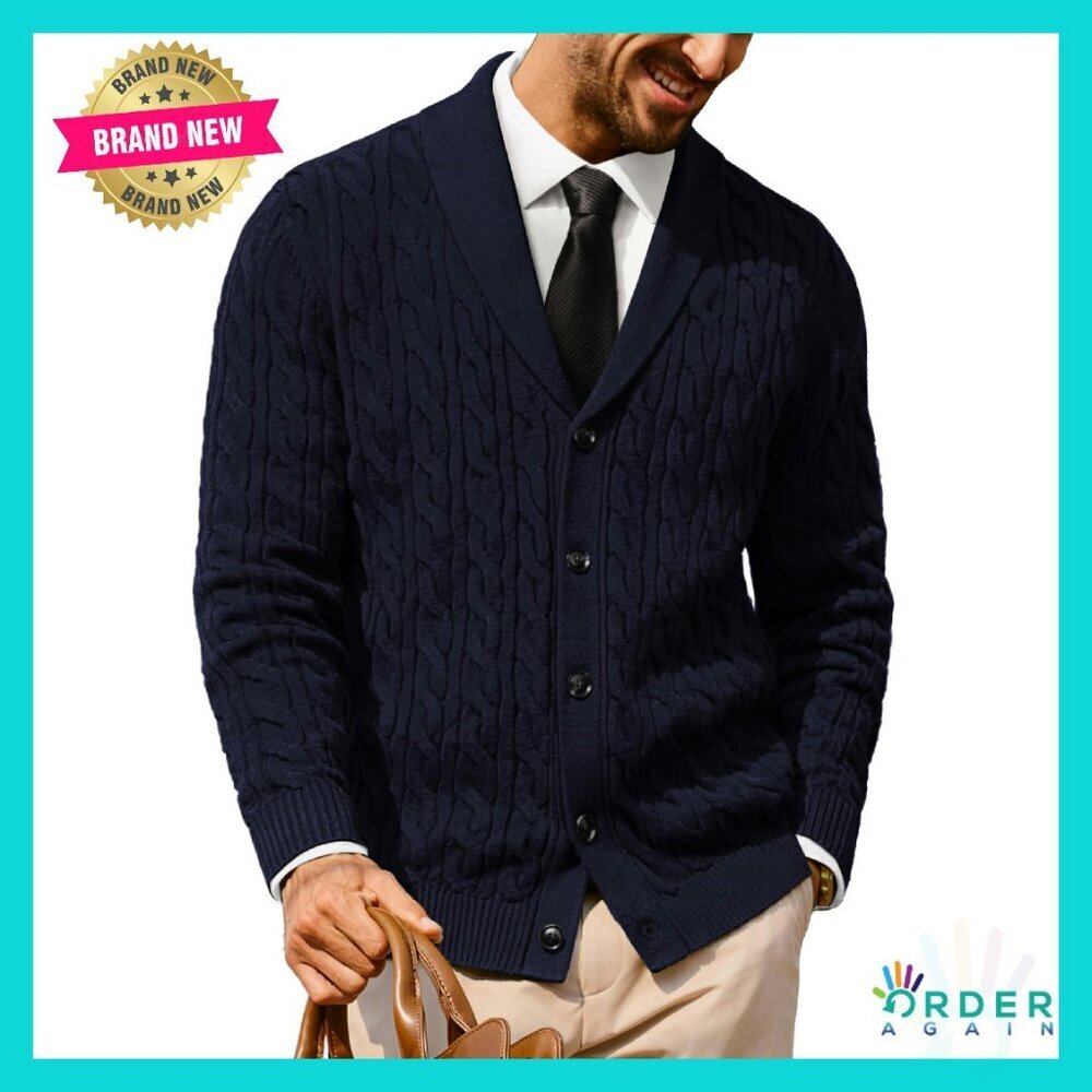 Men's Cable Knit Cardigan Shawl Collar Classic Elegant Textured Sweater